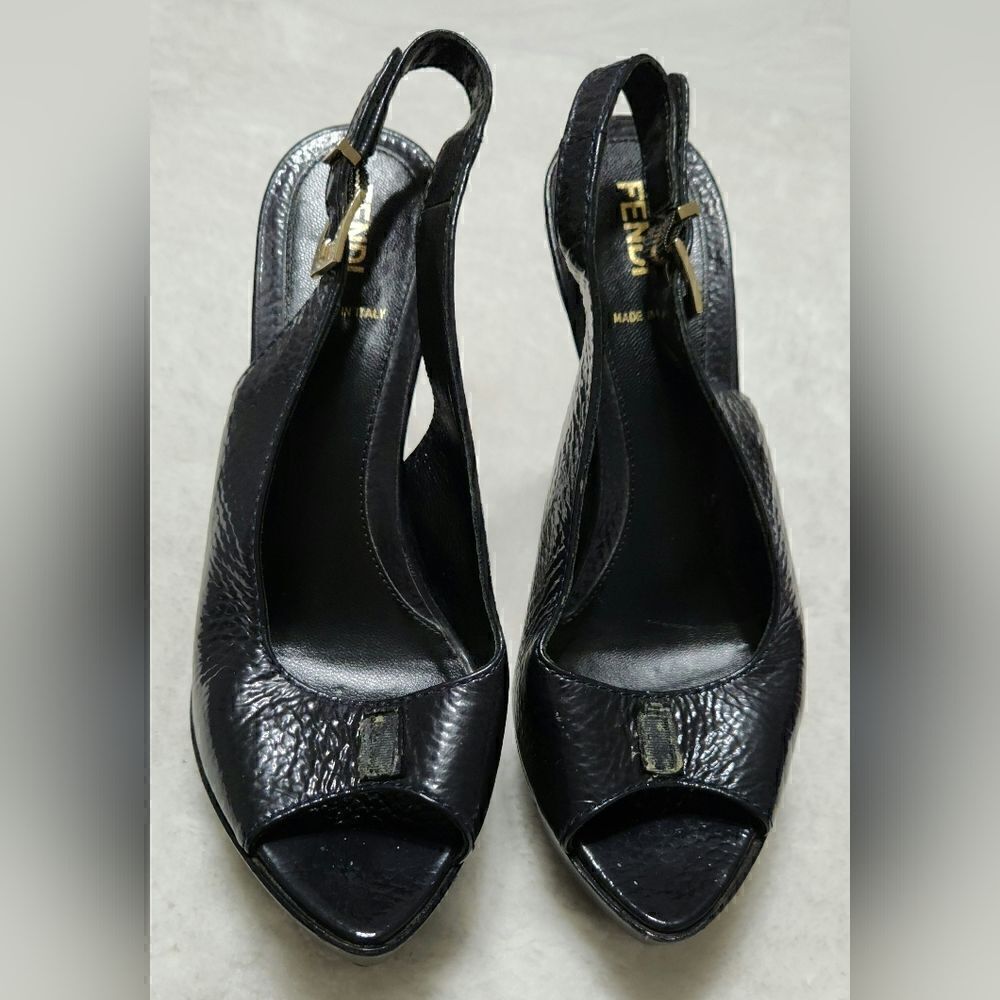 Fendi 37 Black Heels Pumps Platform Slingback Peep Toe Shoes